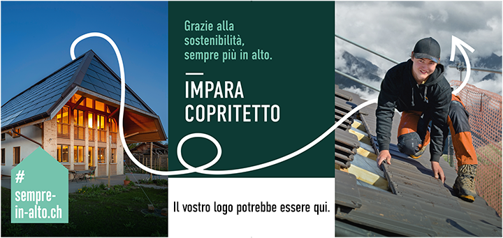 Baustellenblache Dachdecker italienisch für Nachwuchsrekrutierung Gebäudehülle Schweiz